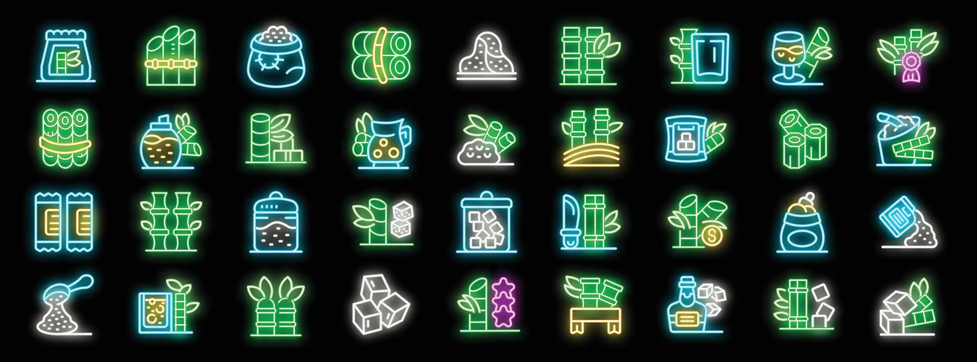 Sugar cane production process from growing to refined cubes and rum neon icons set vector