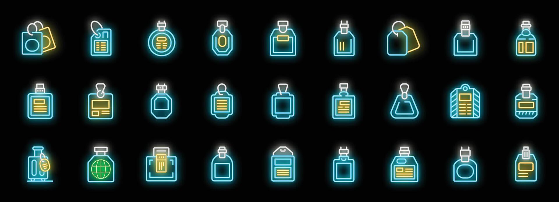 Neon icons of tags, labels and badges representing identification, pricing and travel vector