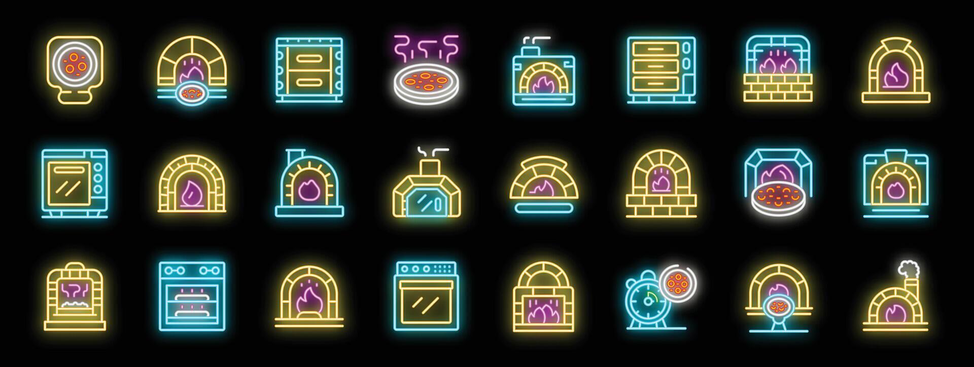 Set of bright neon style pizzeria and bakery oven icons representing cooking and baking vector