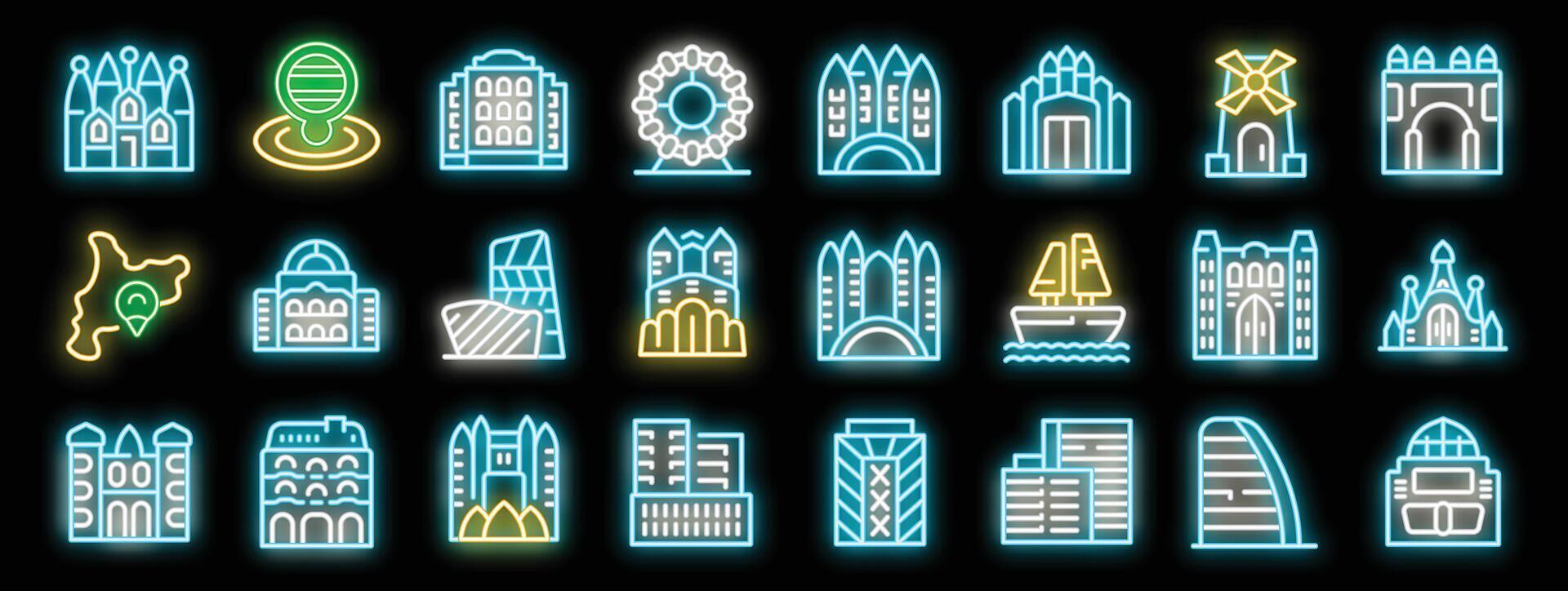 Neon icons representing famous buildings, landmarks, and travel destinations vector