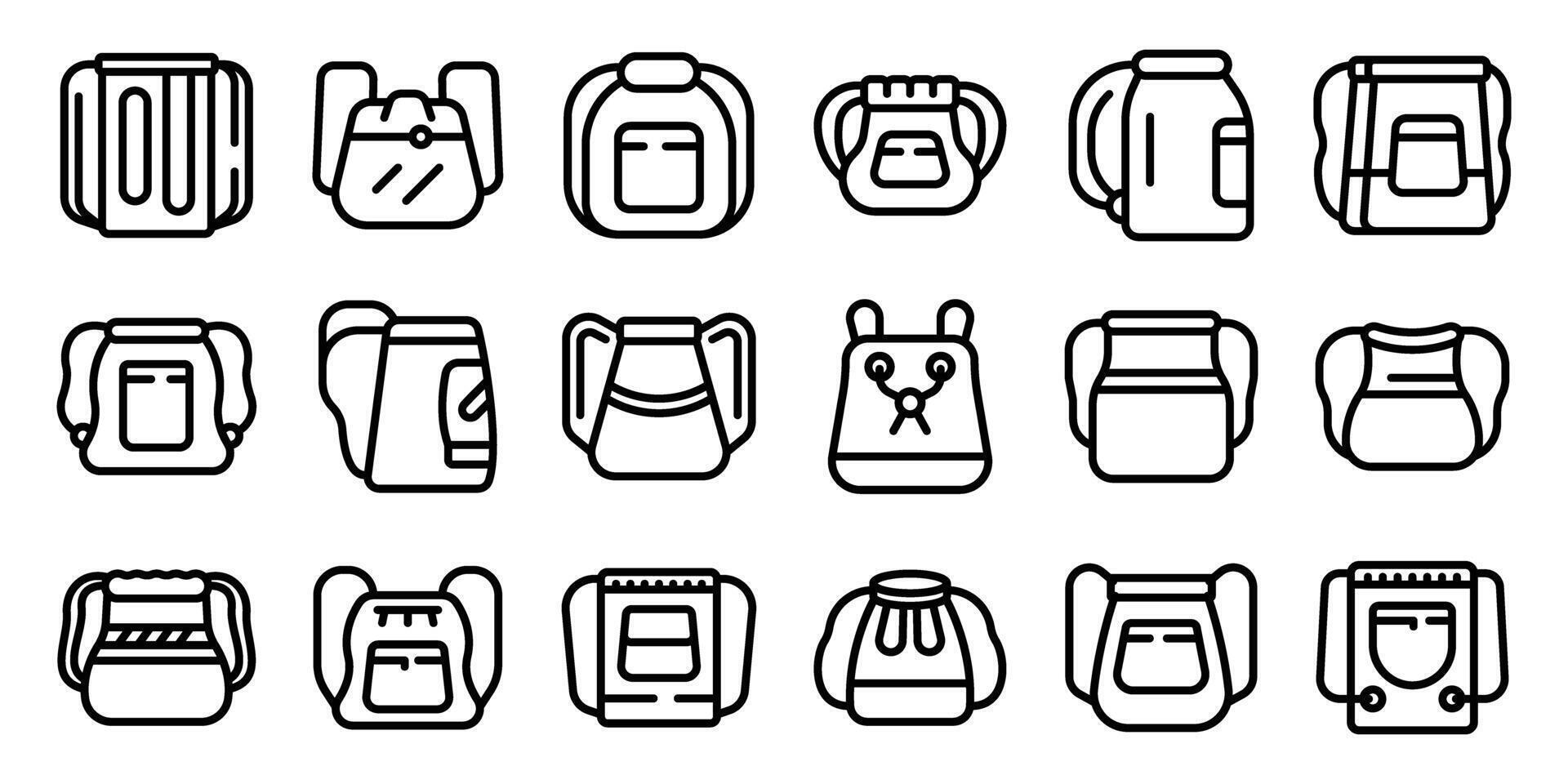 Drawstring sack icons set. Backpack icons showing different styl vector