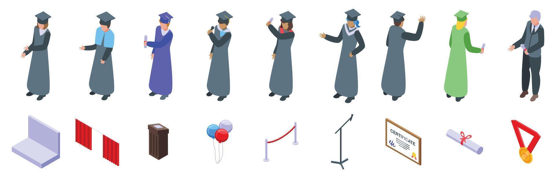 Graduate stage icons set. Graduates celebrating graduation cerem vector