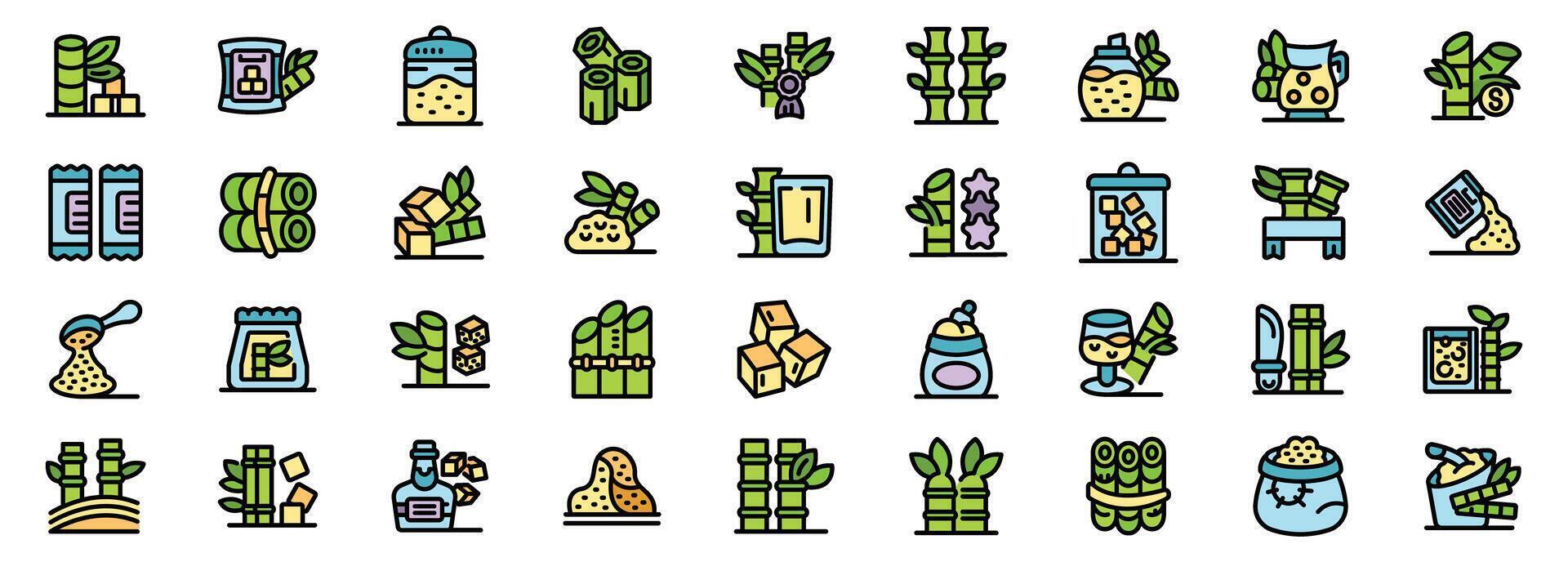 Bamboo sugar production process and various products in filled outline style vector