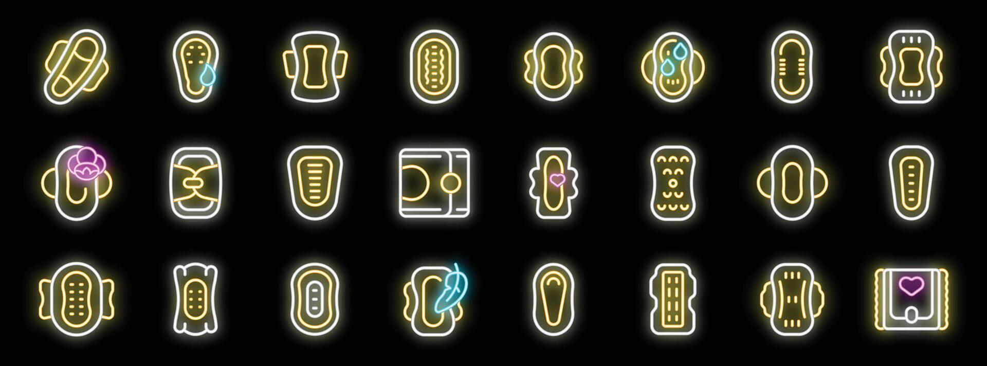 Sanitary pads icons set, feminine hygiene products glowing neon signs vector