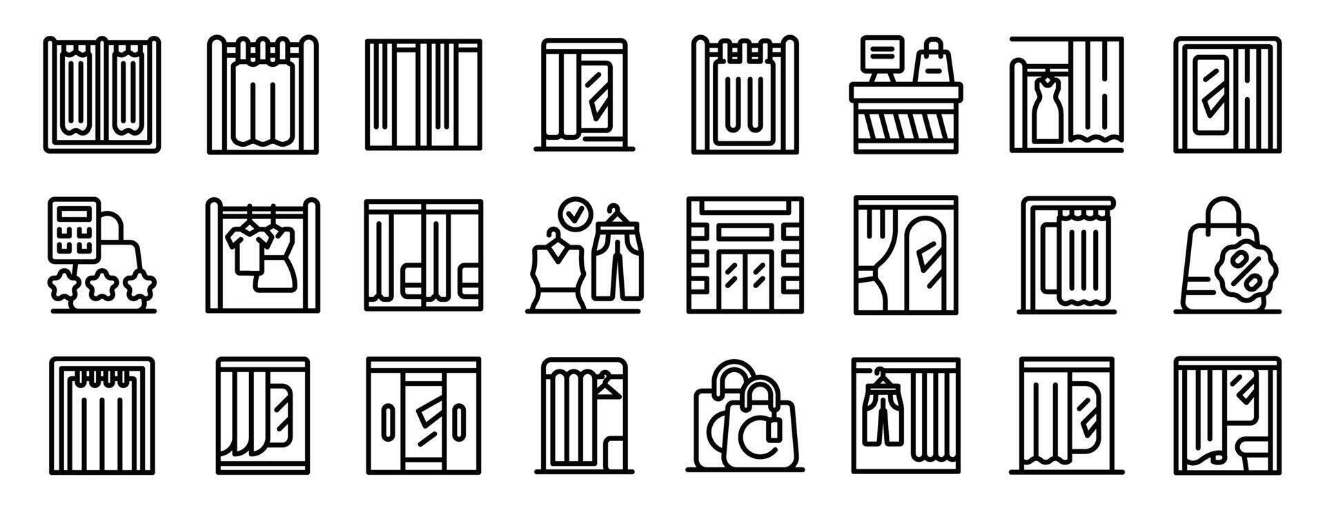 Fitting room icons set. Fitting room icons showing customers try vector