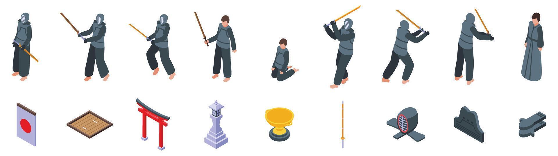 Kendo fighter icons set. Kendo fighters training and equipment i vector