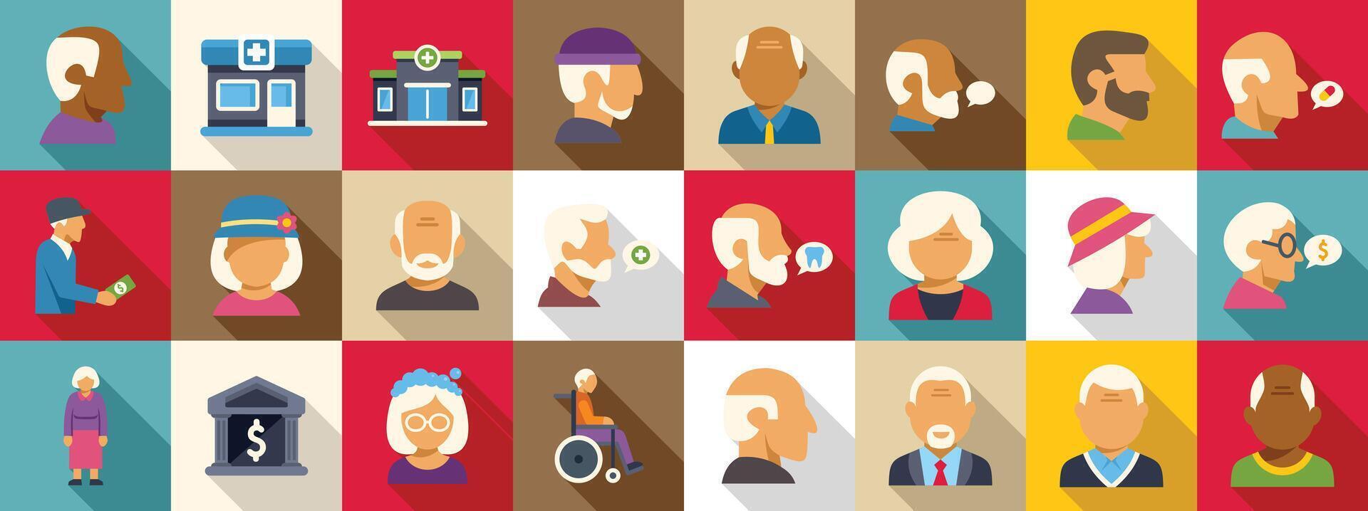 Senior client icons set. Elderly people enjoying retirement and engaging in various activities vector