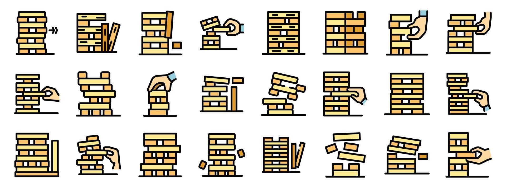 People playing block stacking game and building wooden tower vector