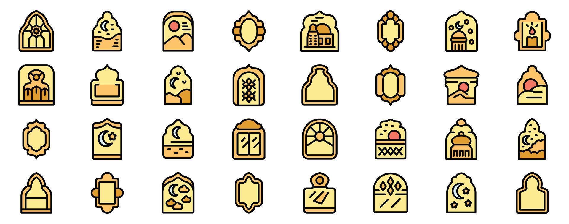 Arabian arch icons showing mosques, windows, and traditional ornaments vector