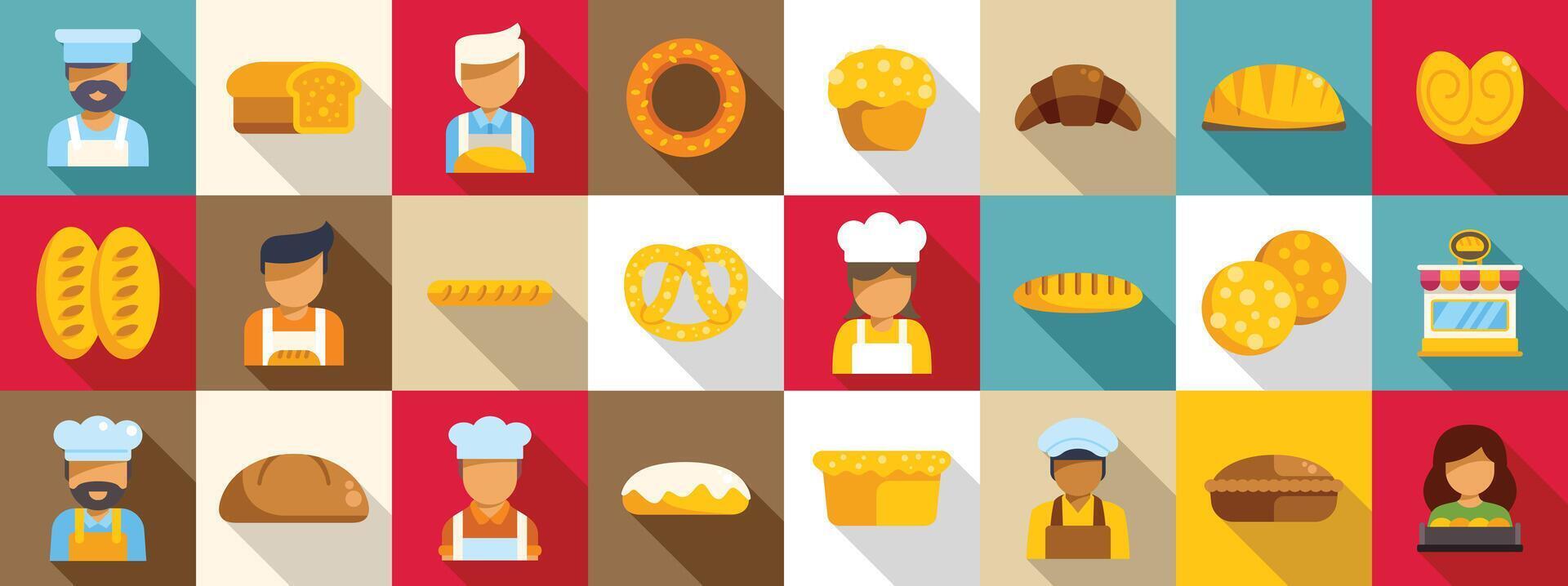 Baker selling bread icons set. Bakers preparing bread, pastries and cakes in bakery shop vector