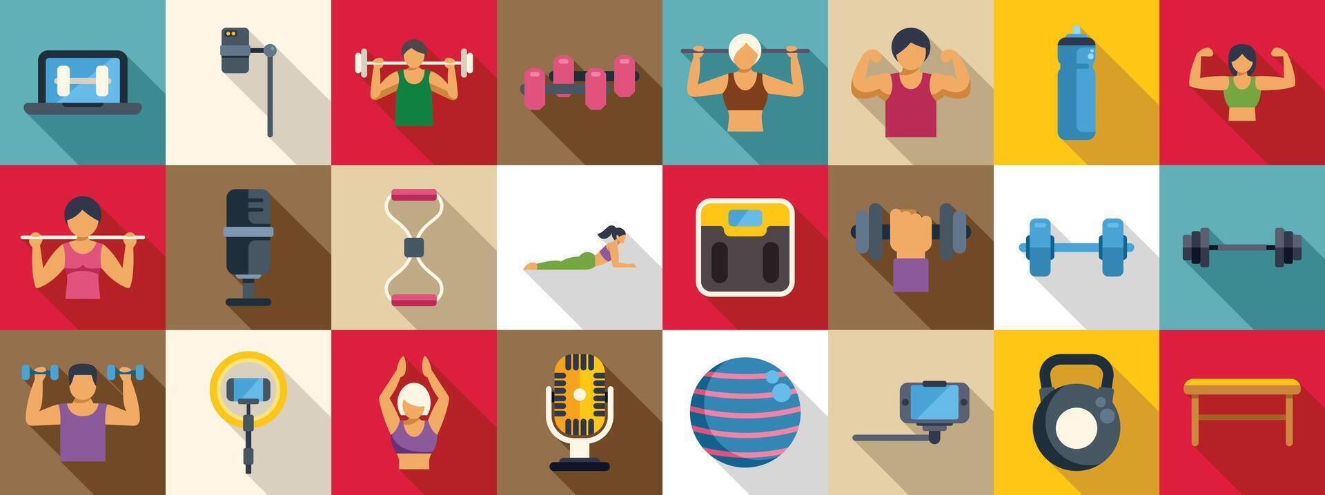Fitness blogger icons set. Fitness bloggers sharing their workout routines and equipment vector