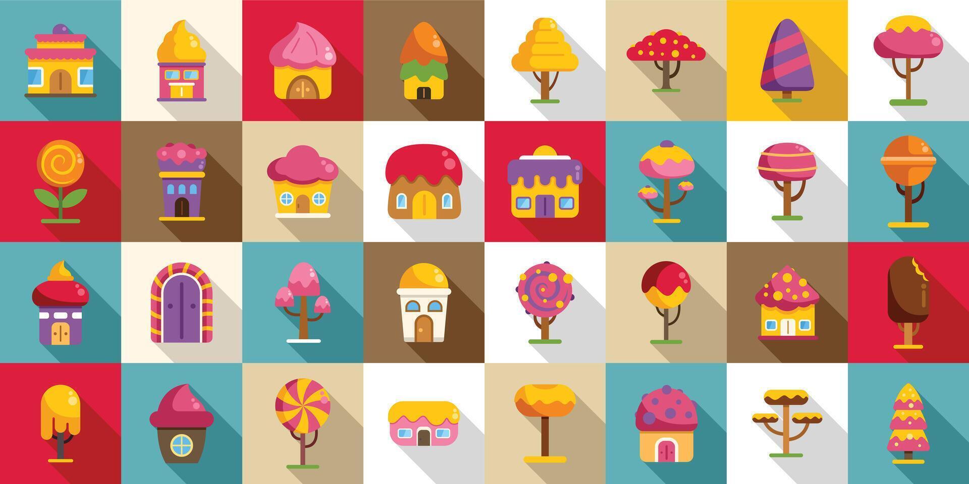 Candy land icons set. Candy wonderland houses and trees growing in a whimsical flat design vector
