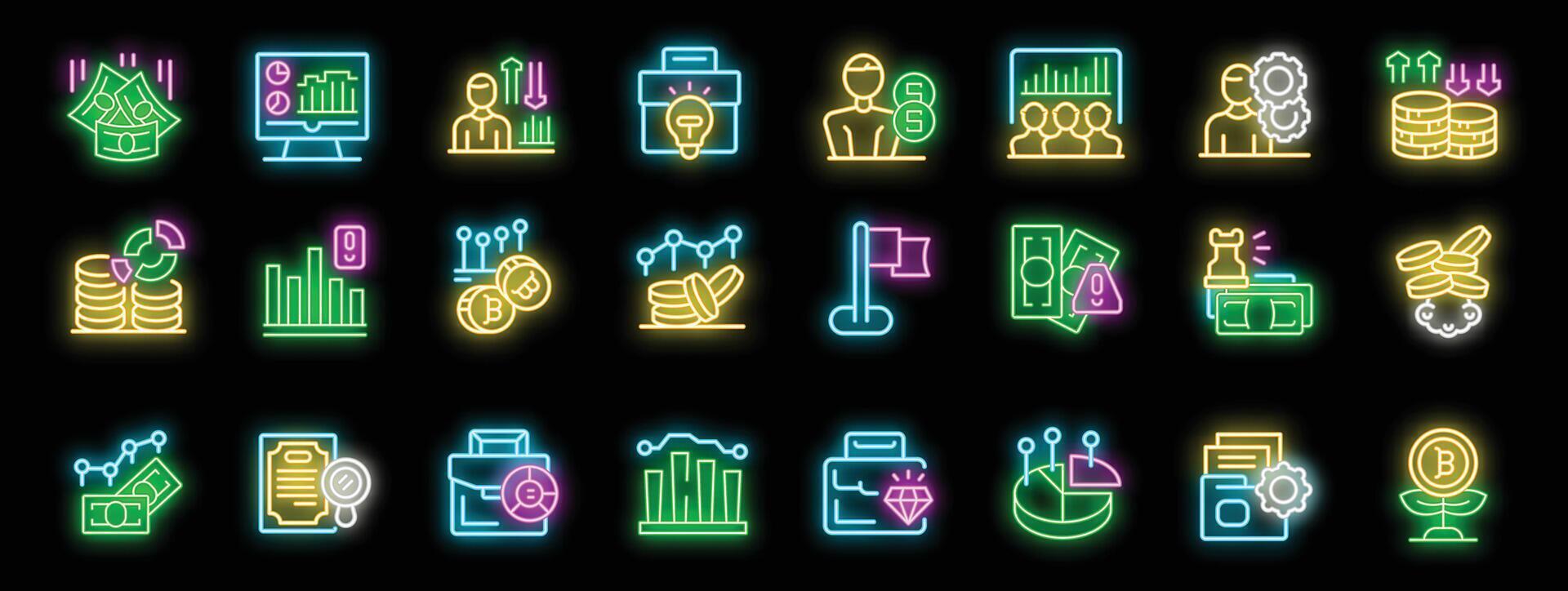 Neon icons representing investment, finance, banking, cryptocurrency, business and trading vector
