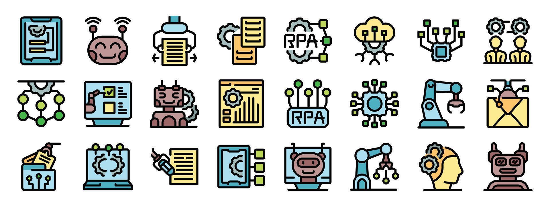 Robotic process automation icons showing chatbots, documents, and ...