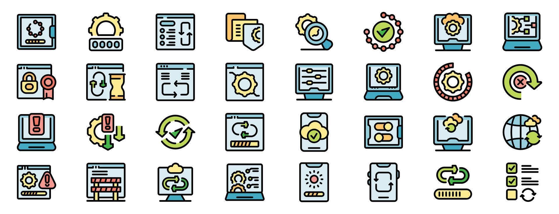 System update icons showing updating process, software installation and system recovery vector