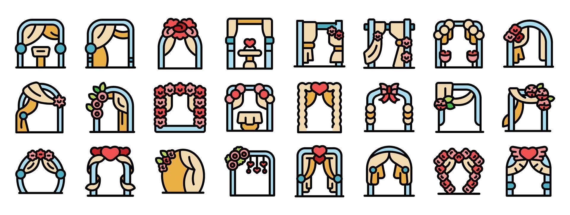 Wedding arch icons showing decorations for ceremony with floral arrangements and curtains vector