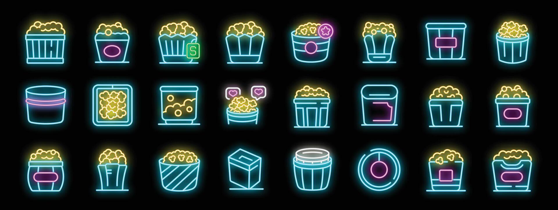 Neon icons of popcorn representing cinema snacks and entertainment vector