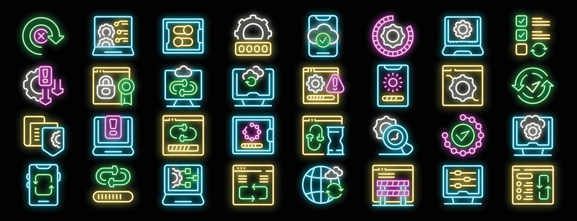 Software update process and data synchronization neon icon set vector