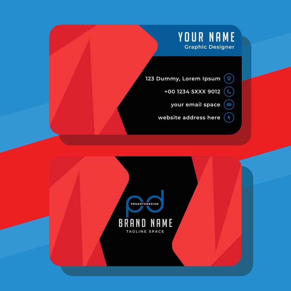A business card with a red and blue design vector