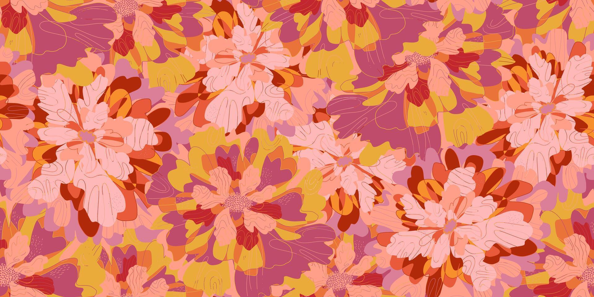 a pink and orange floral pattern with a yellow background vector