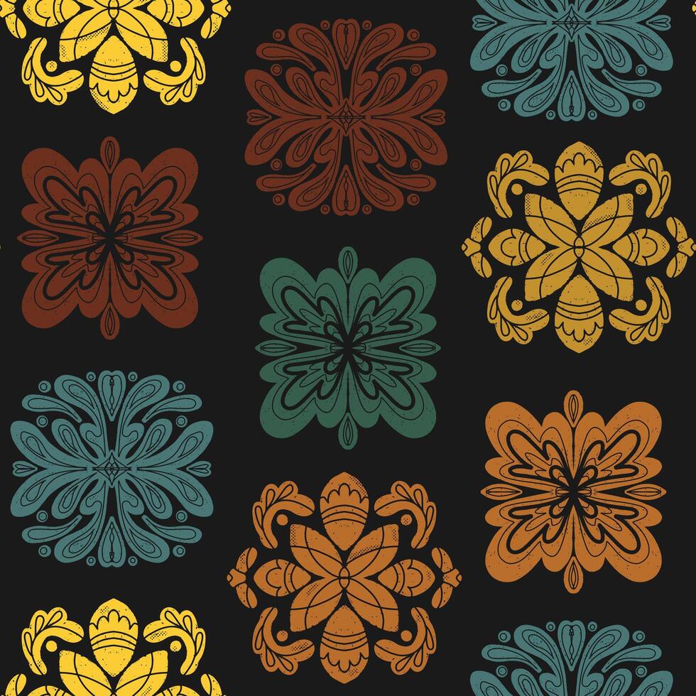 a colorful pattern with flowers on black background vector
