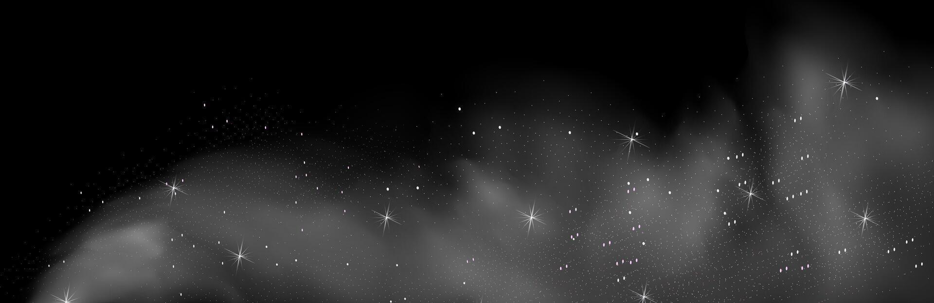 Fantastic magical smoke with glowing particles, stardust, and glittering stars, creating a colorful, ethereal fog.Multicolored steam and vapor. vector