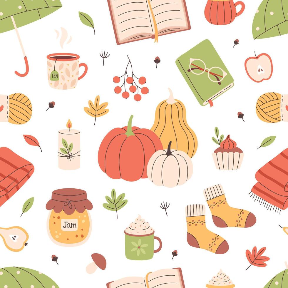 Autumn seamless pattern with cozy seasonal objects. Flat, hand drawn texture for wallpaper, textile, wrapping paper. vector