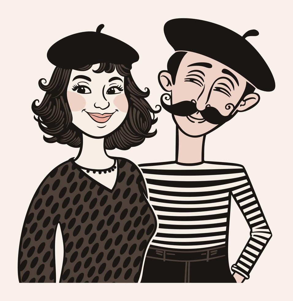 Cute french couple in berets. isolated illustration vector
