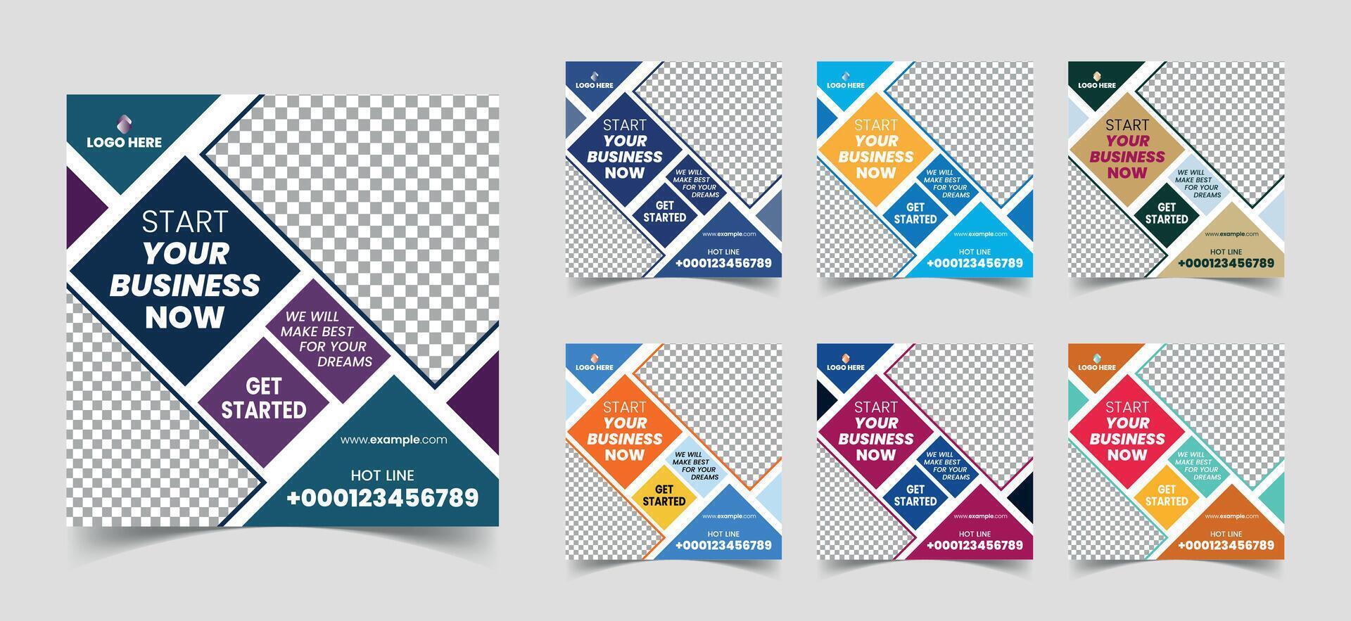 Social Media Post Layout Set with various colors. Square social media poster for corporate office, services , medical etc. This social media post template with photo collage. vector
