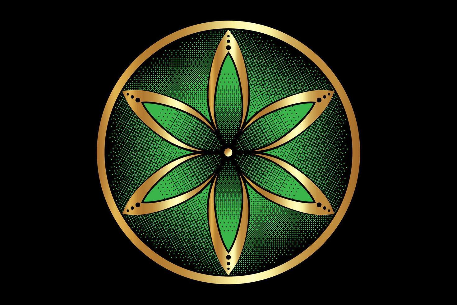 Seed Flower of life lotus icon, logo mandala sacred geometry, Pixel art design, green symbol of harmony and balance. Mystical talisman, round design isolated on black background vector