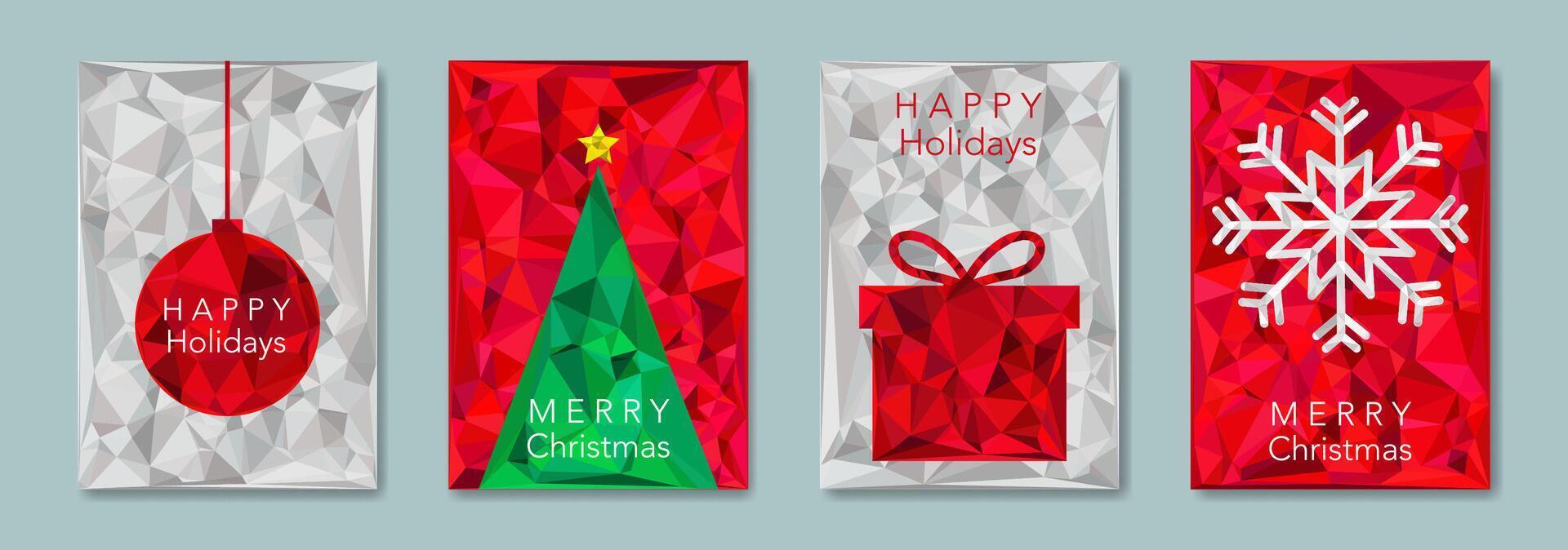 Set Christmas card in modern minimalist geometric low poly style, red and white paper backgrounds, elements for calendar and greetings cards or Happy New Year themed winter holiday invitations vector