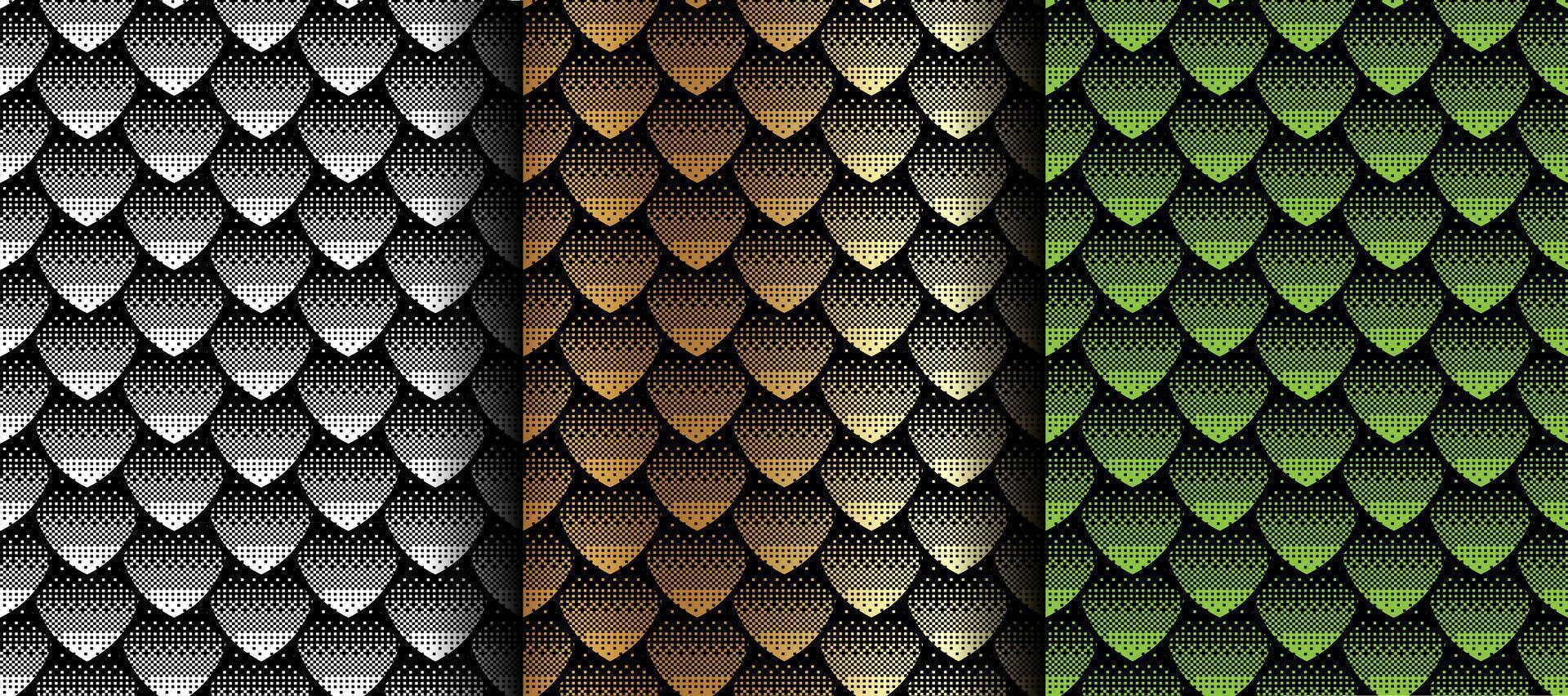 Seamless geometric pattern, snake fish, mermaid, dragon scales. Set texture pixel art style in white, gold, green colors, animal background for your design, cover and wallpaper vector