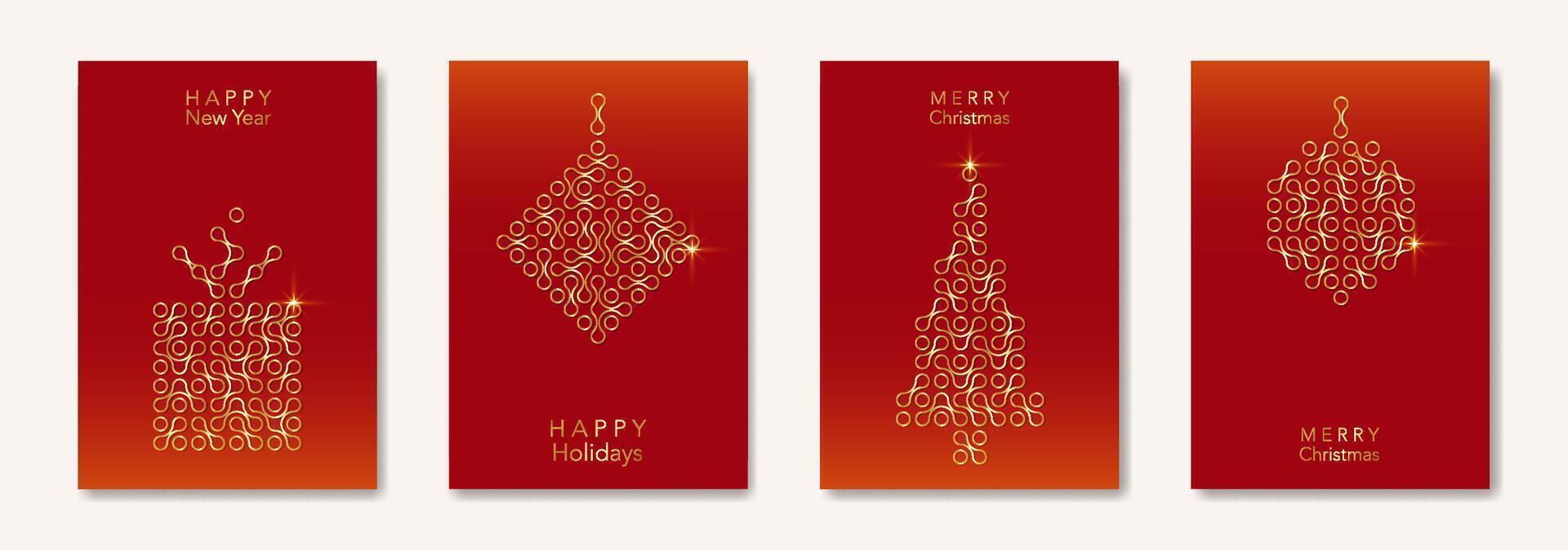Set Christmas card in modern minimalist geometric style, gold texture, golden luxury red background, elements for calendar and greetings cards or Happy New Year themed winter holiday invitations vector