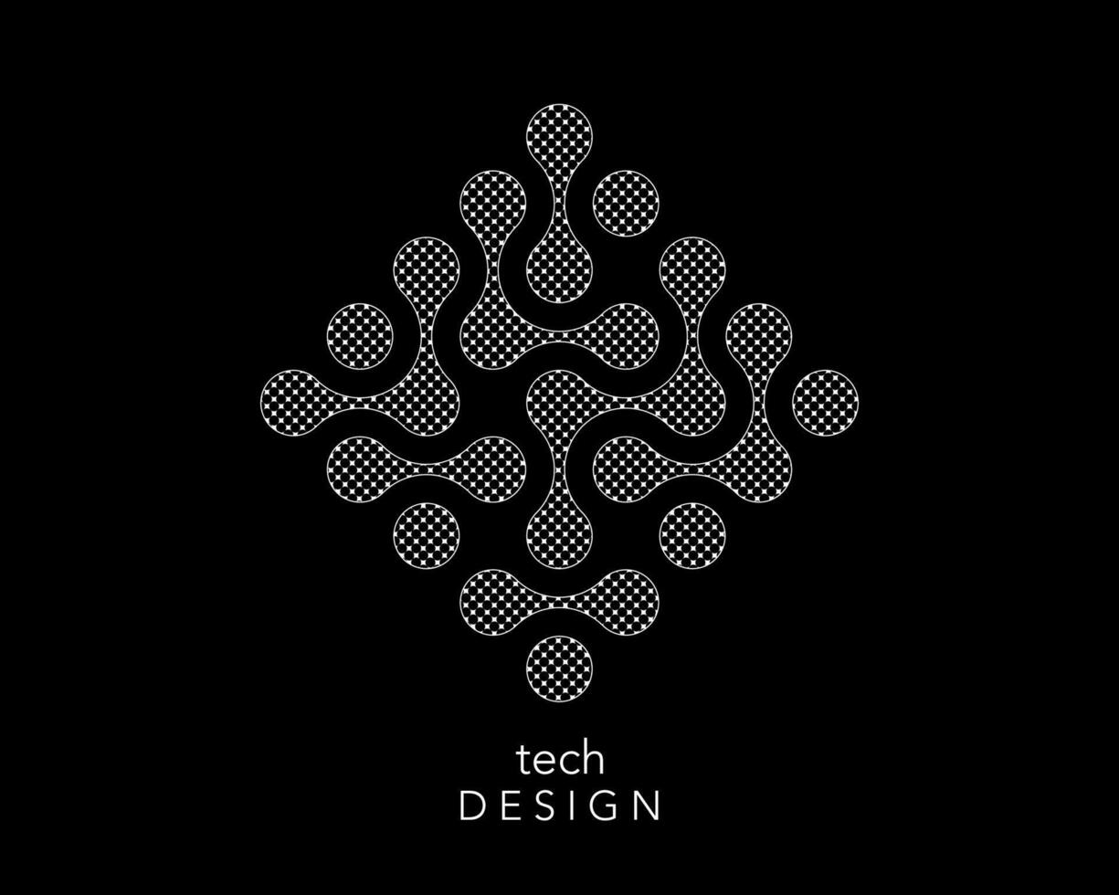 Technology connection logo design, fluid transition sign, integration abstract symbol. circles point movement, black and white color isolated on black background vector