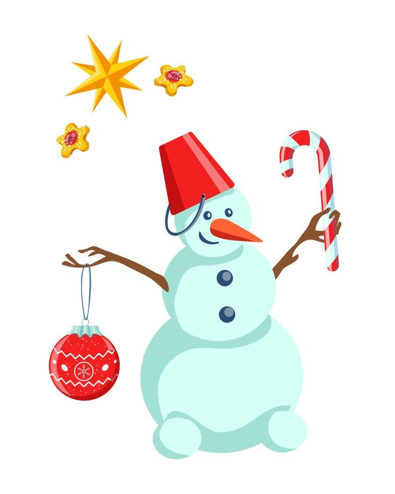 Snowman with Christmas bauble and candy, stars vector