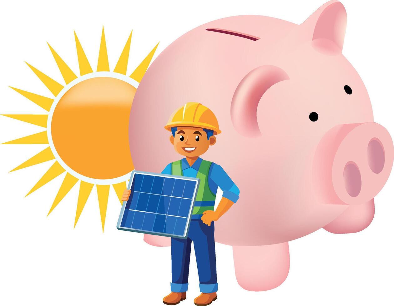 A man holding a solar panel and a piggy bank vector