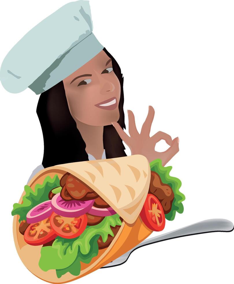 Female chef gesturing ok with a giant doner kebab or shawarma vector