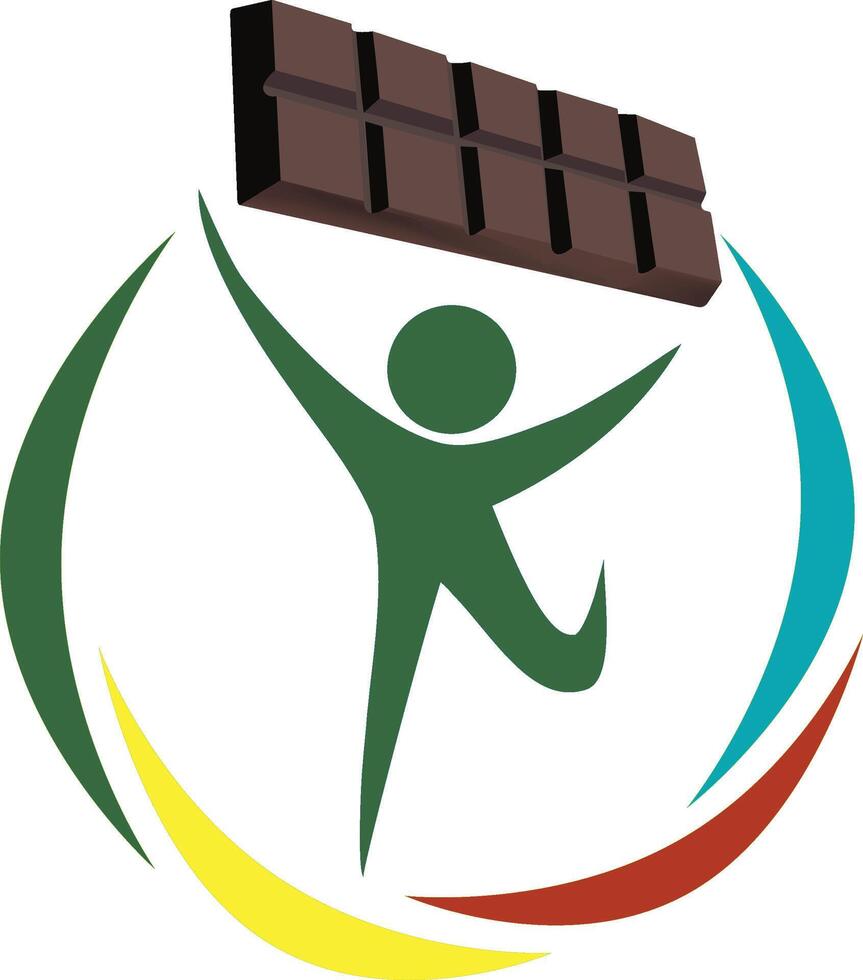 The chocolate logo with a man holding up a bar of chocolate vector