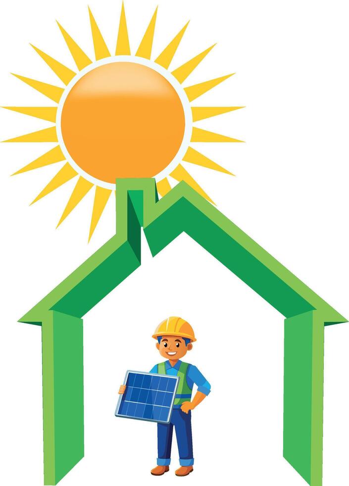 A man holding a solar panel and a house with a sun vector