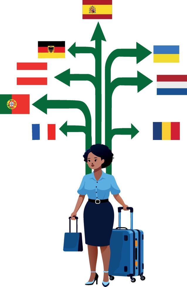 A woman with a suitcase and a tree with flags vector