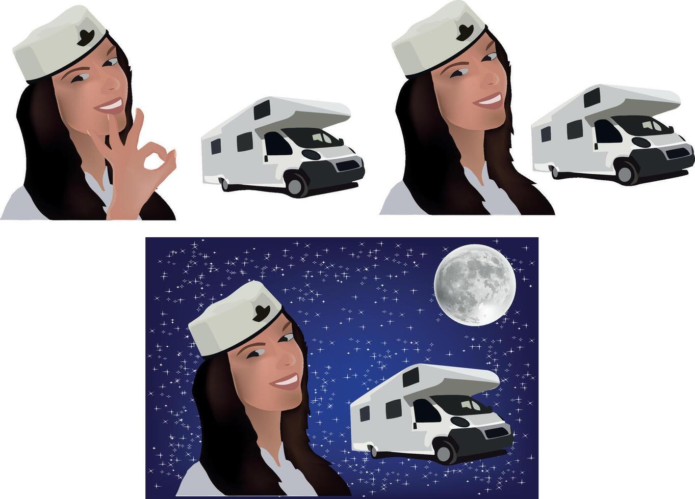 A woman in a sailor hat and a camper van vector