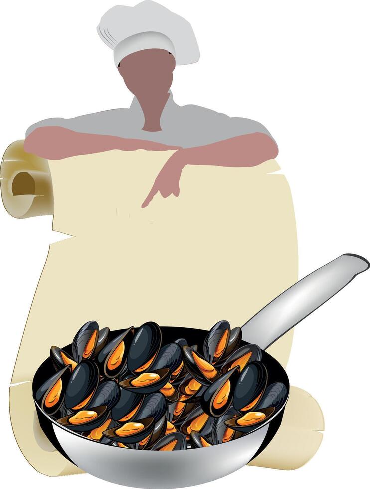 A chef is holding a pan with mussels in it vector
