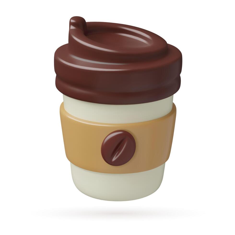 Paper coffee cup 3d icon and take away hot drink with coffee bean on a label vector