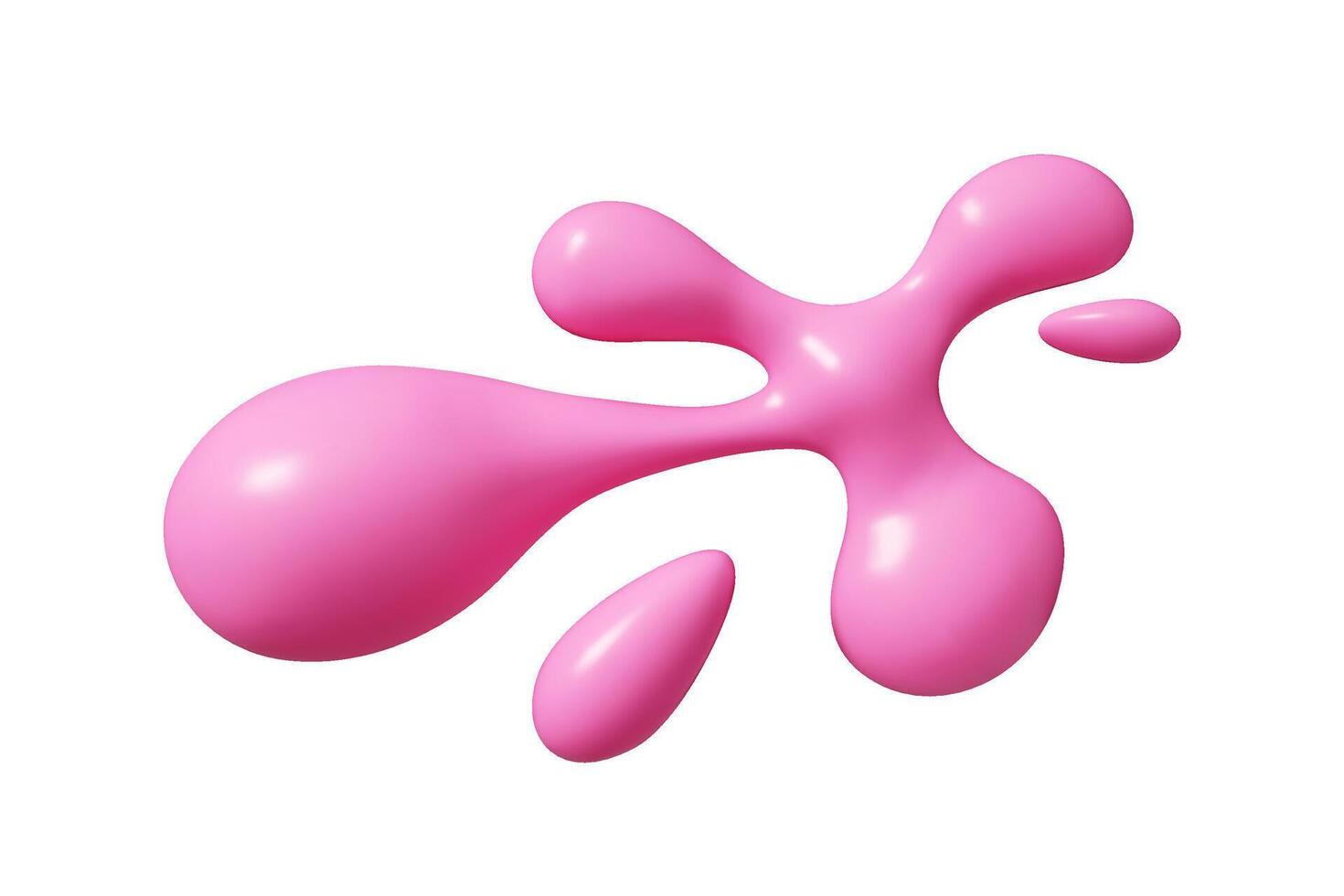 3D pink fluid splatter with glossy surface and droplets. Smooth abstract curved liquid blob shape. vector
