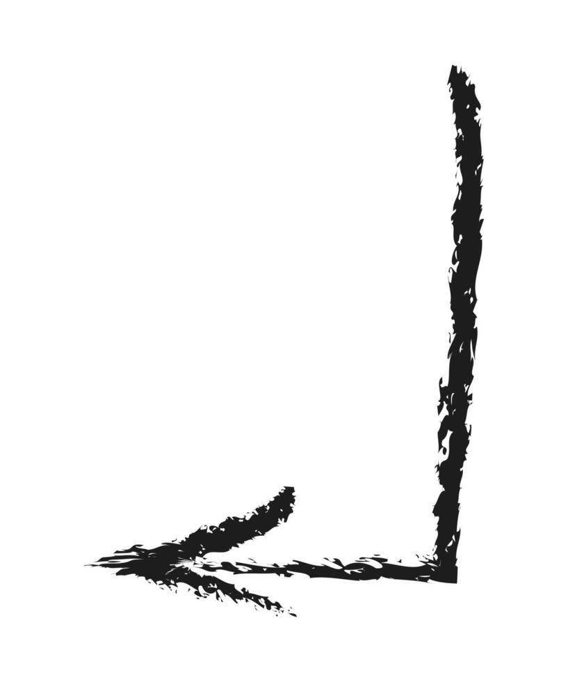 Left down arrow with angle. Hand drawn charcoal arrow. vector