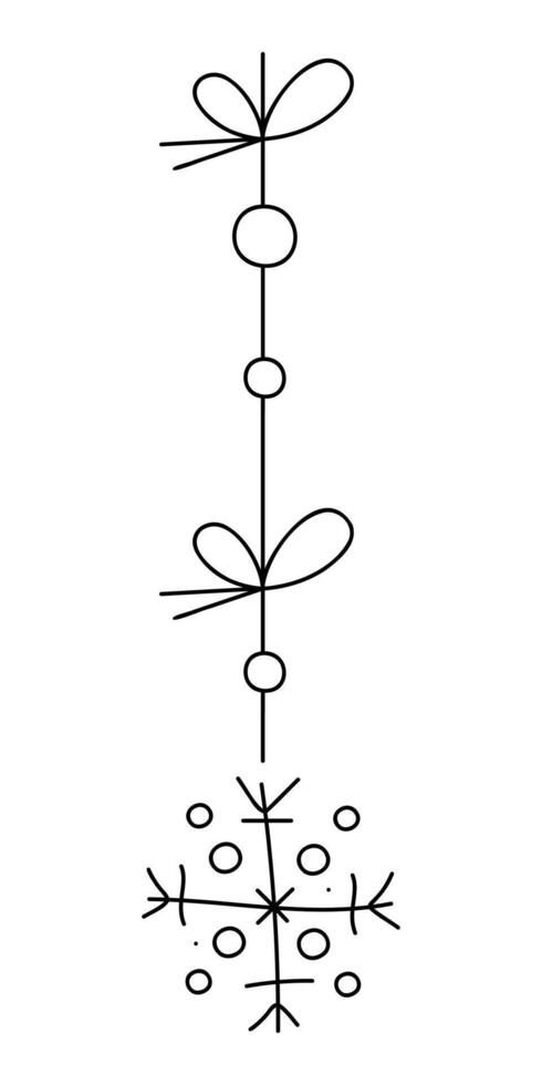 Snowflake on a string with two bows. Black and white clipart illustration. vector