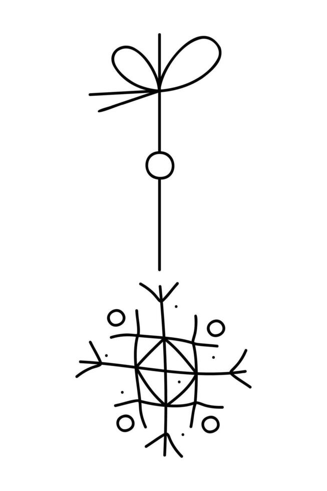 Snowflake with a rhombus and a quadrangle on a string. Black and white clipart illustration. vector