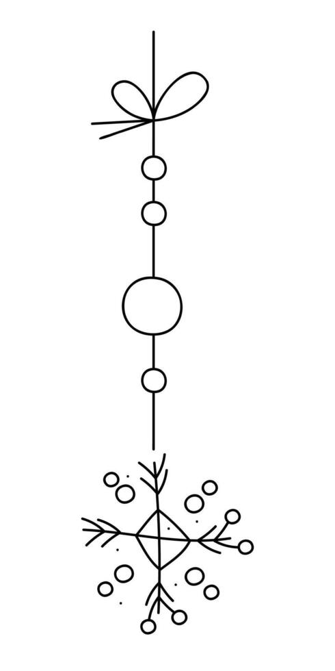 Snowflake with a rhombus and circles on a string. Black and white clipart illustration. vector