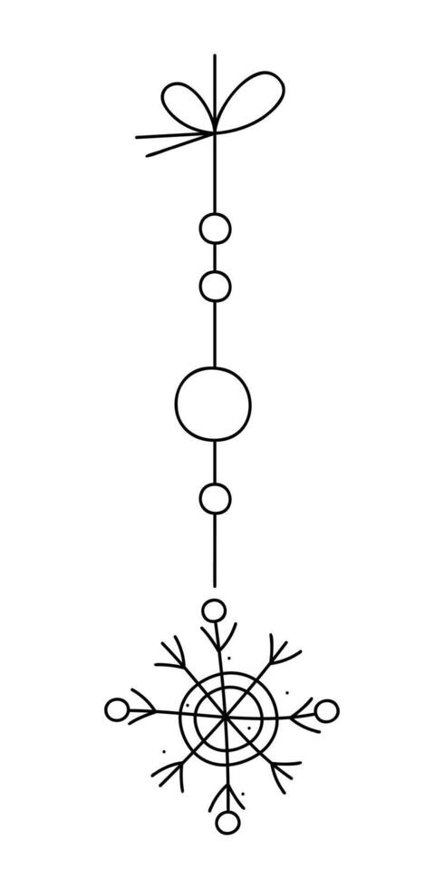 Snowflake with two circles on a string. Black and white clipart illustration. vector
