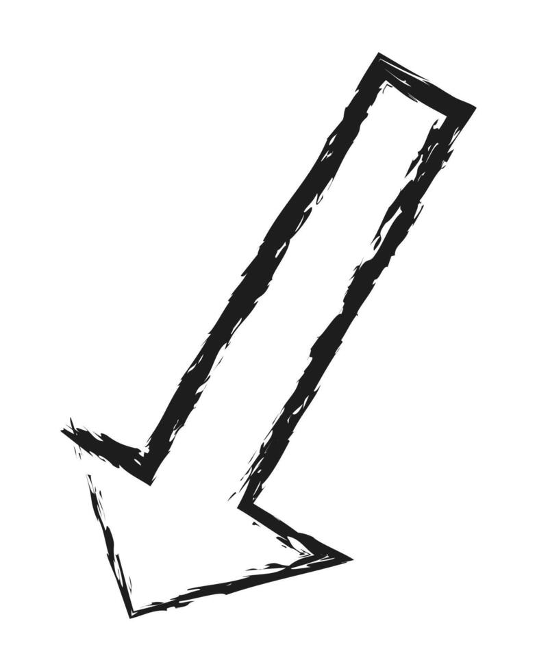 Charcoal contour thick arrow left down. Hand drawn arrow. vector